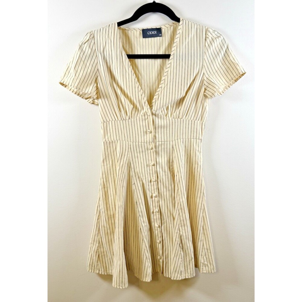 CIDER Beige Black Striped V-Neck Pleated Fit & Flare Button Front Dress XS